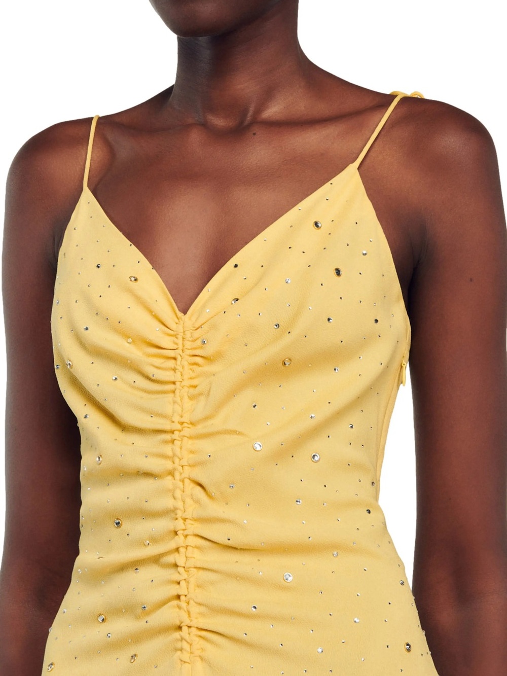 Sandro Crystal Embellished Ruched Crepe Midi Dress EU 36/US 4 - Picture 4 of 10